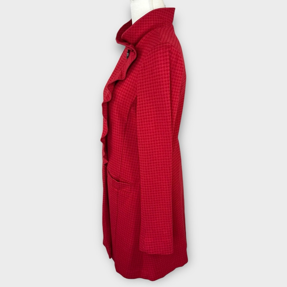 CAbi Red Houndstooth Long Coat S Chic Elegant Ponte Asymmetrical Ruffle Peacoat - Picture 6 of 13